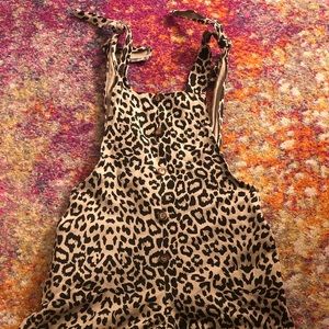 ECOWISH LEOPARD TIE STRAP FRINGED BOTTOM OVERALLS